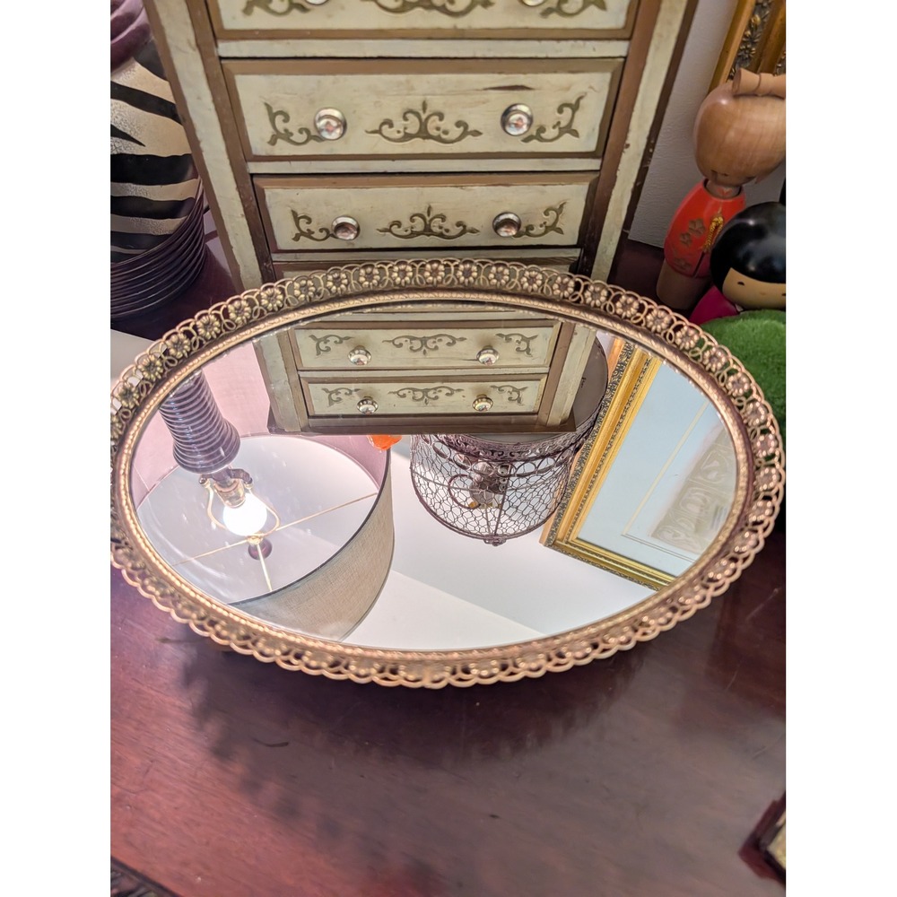 Vintage Gold Floral Filigree Oval Mirrored Vanity Tray Hollywood Regency 14x10